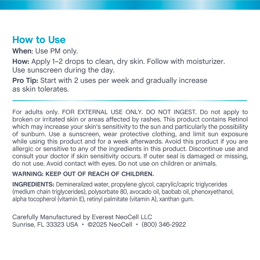 NeoCell retinol serum Baobab oil close-up highlighting skin support