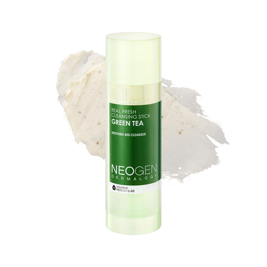 DERMALOGY by NEOGENLAB cleansing stick with green tea leaves for gentle exfoliation.