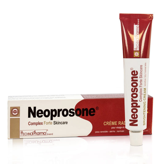 Neoprosone brightening cream bottle promotes even skin tone.