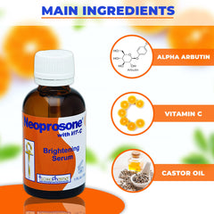 Close-up label shows alpha arbutin and castor oil for brightening.