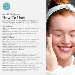 NEORA Age IQ Eye Serum routine shot suggests morning and evening use in a skincare routine.