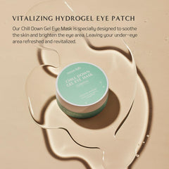 neos:lab Chill Down eye mask application close-up shows hydrogel texture delivering cooling relief.