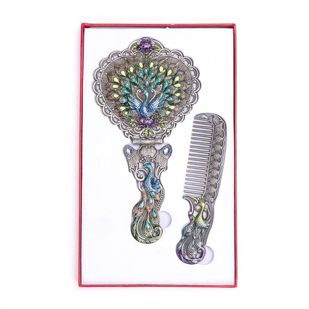 Nerien pewter vanity set offers a refined dresser accent.