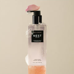 NEST New York Liquid Soap foam demonstrates gentle cleansing with plant extracts.