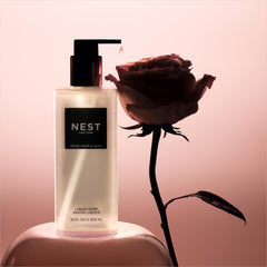 NEST New York Rose Noir and Oud glass bottle highlights gluten free and cruelty free credentials