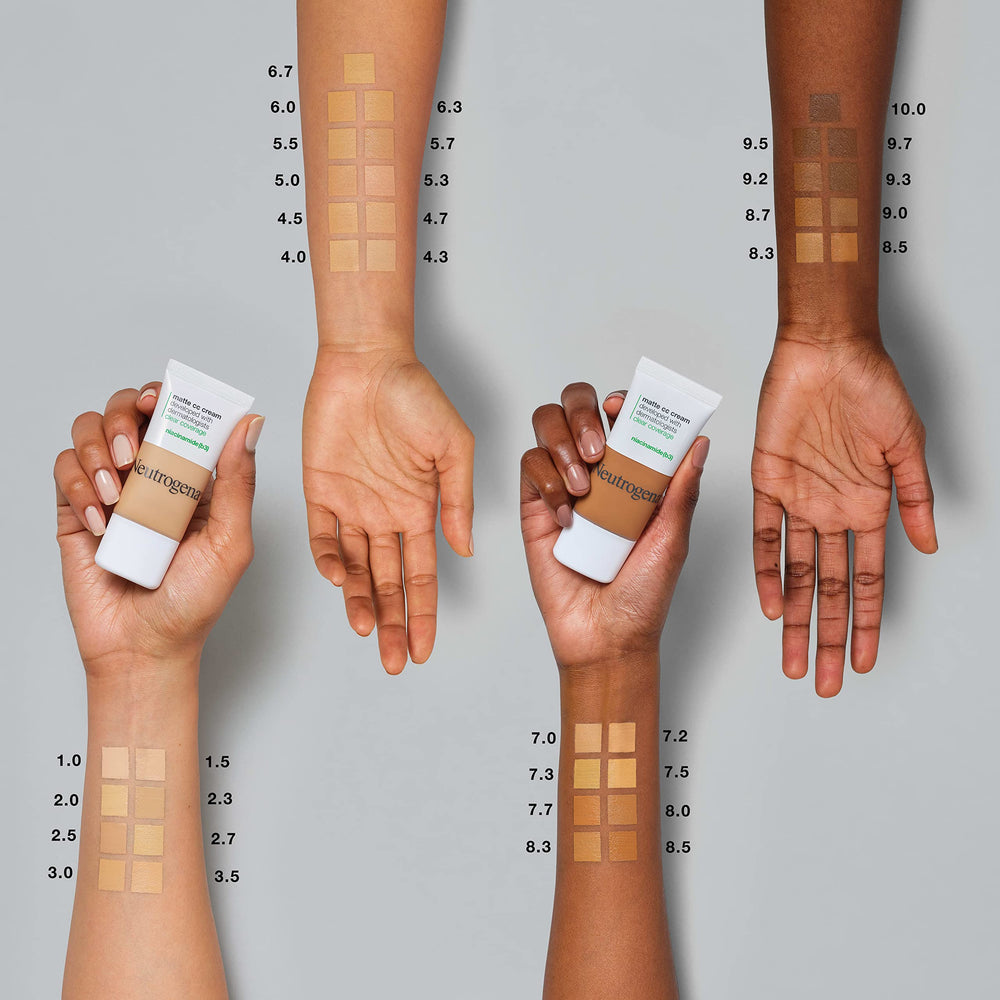Swatch of Neutrogena Clear Coverage Flawless Matte CC Cream Sand 4.0 shows shade and correction.