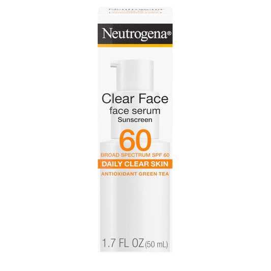 Neutrogena Clear Face Serum Sunscreen bottle front view, SPF 60 for makeup prep.