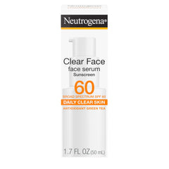 Neutrogena Clear Face Serum Sunscreen bottle front view, SPF 60 for makeup prep.