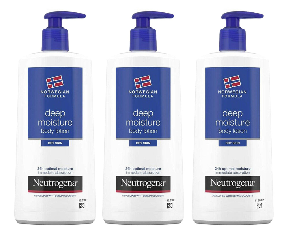 Neutrogena Deep Moisture Body Lotion bottle in a triple-pack for all-over hydration.
