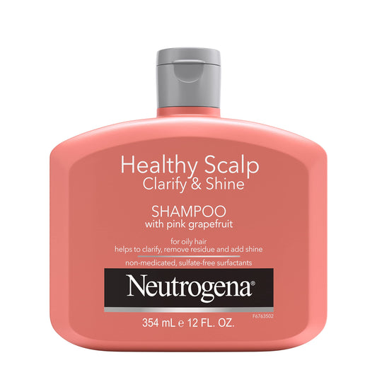 Neutrogena exfoliating healthy scalp bottle shows gentle, pH-balanced cleansing for all hair types.