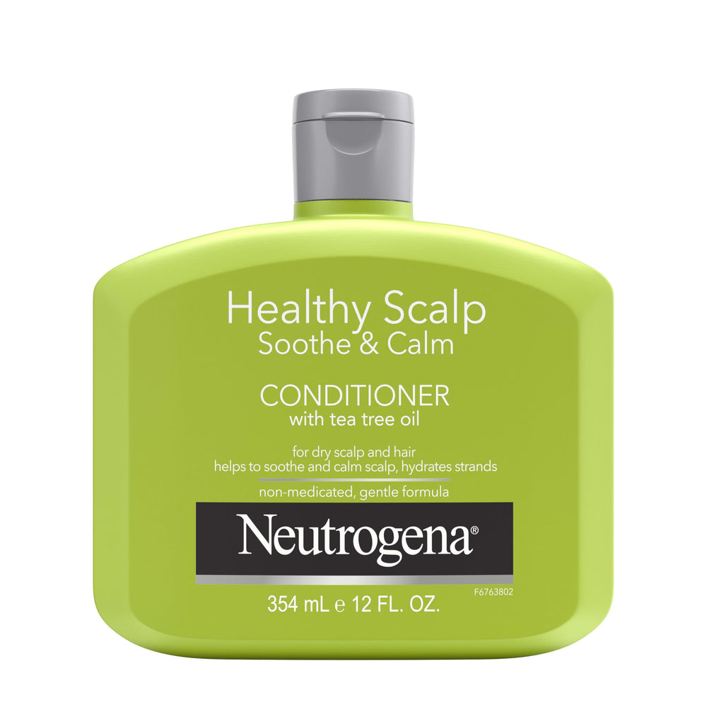 Neutrogena Tea Tree Oil Conditioner bottle on bathroom shelf for daily scalp care