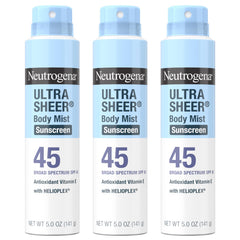 Neutrogena Ultra Sheer Body Mist SPF 45 bottle and spray for broad protection.