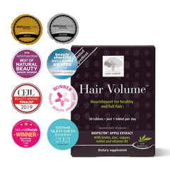 New Nordic Hair Volume Tablets bottle side with label and ingredient highlights.