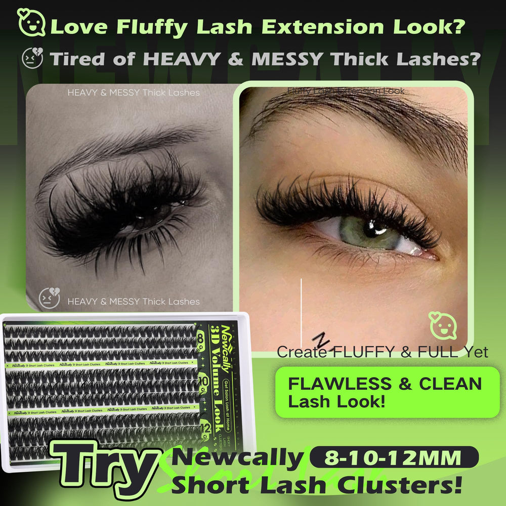 Newcally wispy volume lash clusters create a soft, fluttery look.