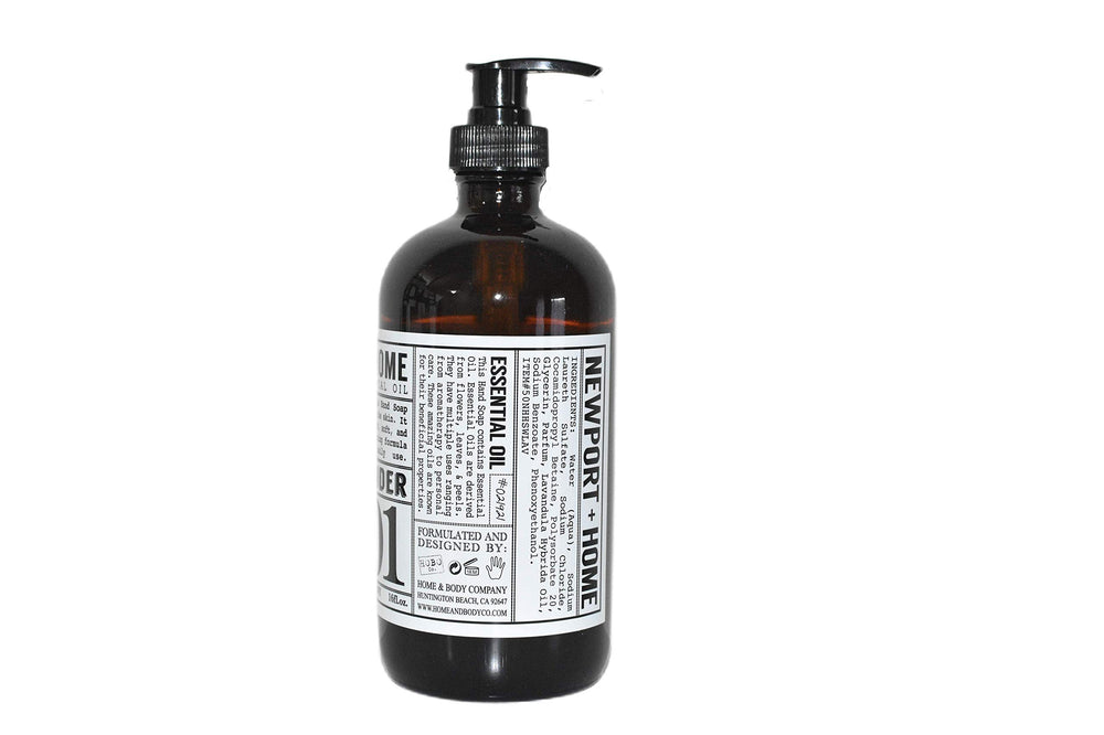 Newport label detail on wild lavender soap highlighting premium glass bottle.
