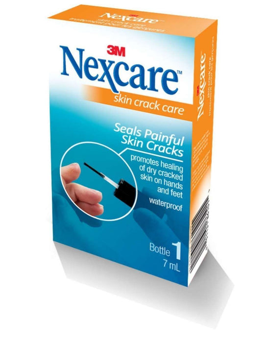 Nexcare Skin Crack Care Liquid three-pack packshot showing waterproof barrier for dry skin.