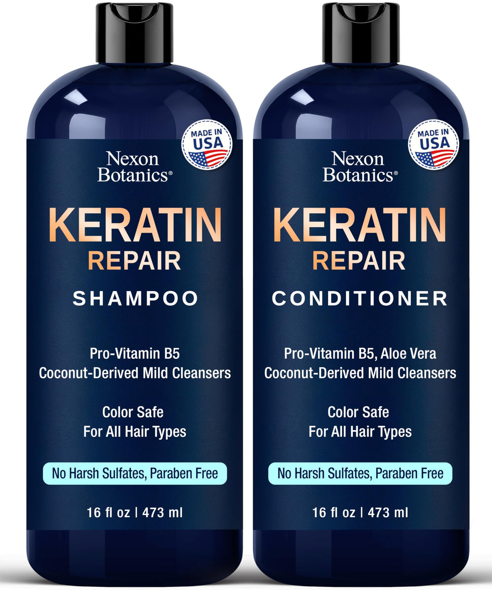 Nexon Botanics Keratin Shampoo bottle showing color-safe cleansing for dyed hair.