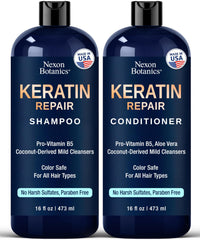 Nexon Botanics Keratin Shampoo bottle showing color-safe cleansing for dyed hair.