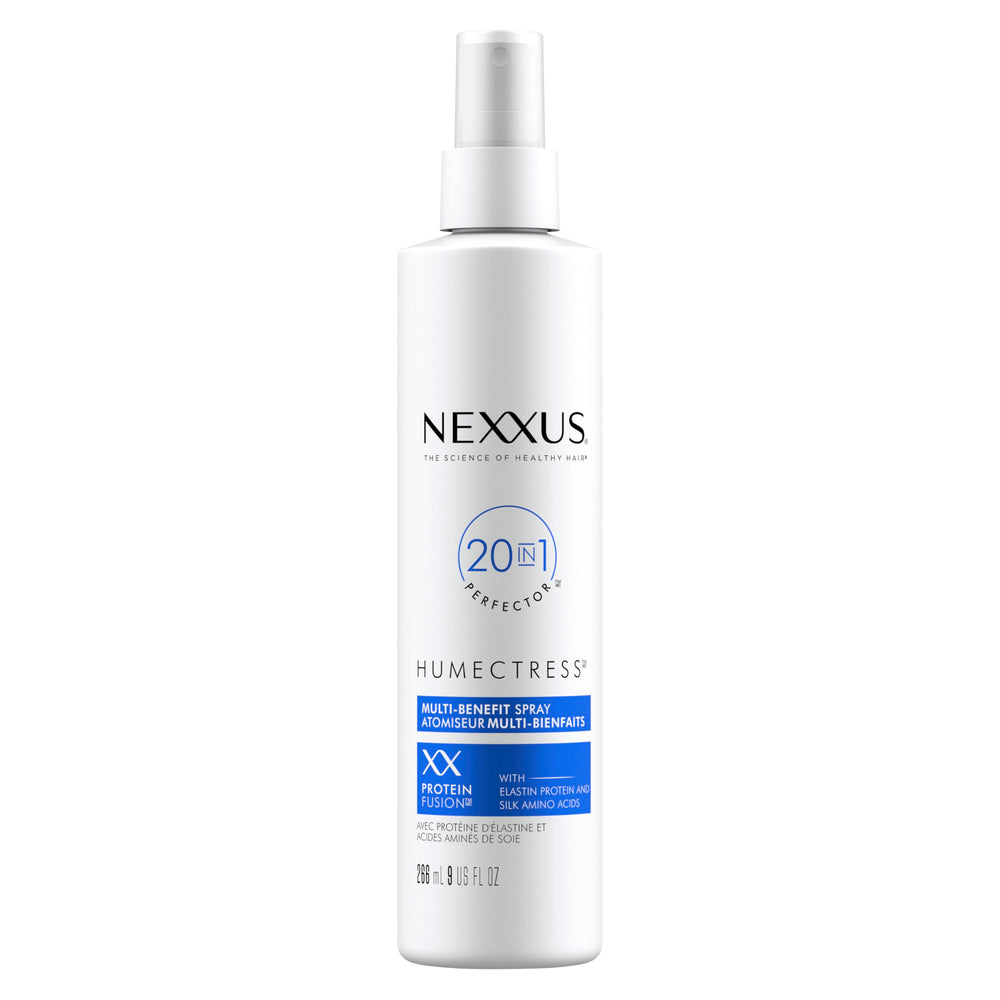 Nexxus Humectress leave-in spray bottle on a bathroom shelf for frizz control