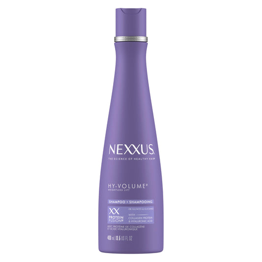 Nexxus Hy-Volume Shampoo bottle front highlights lightweight volume for flat hair.