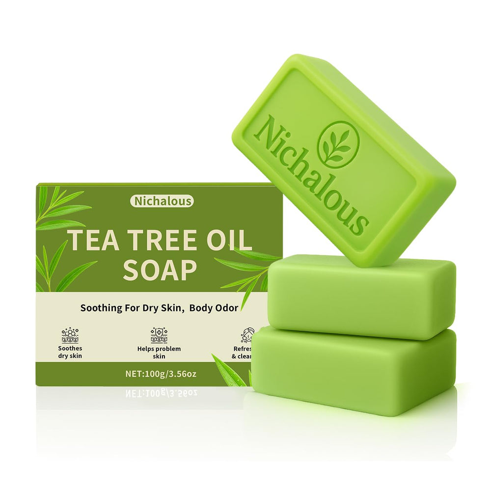 Nichalous tea tree soap bars three-pack on display for fresh foot cleansing.