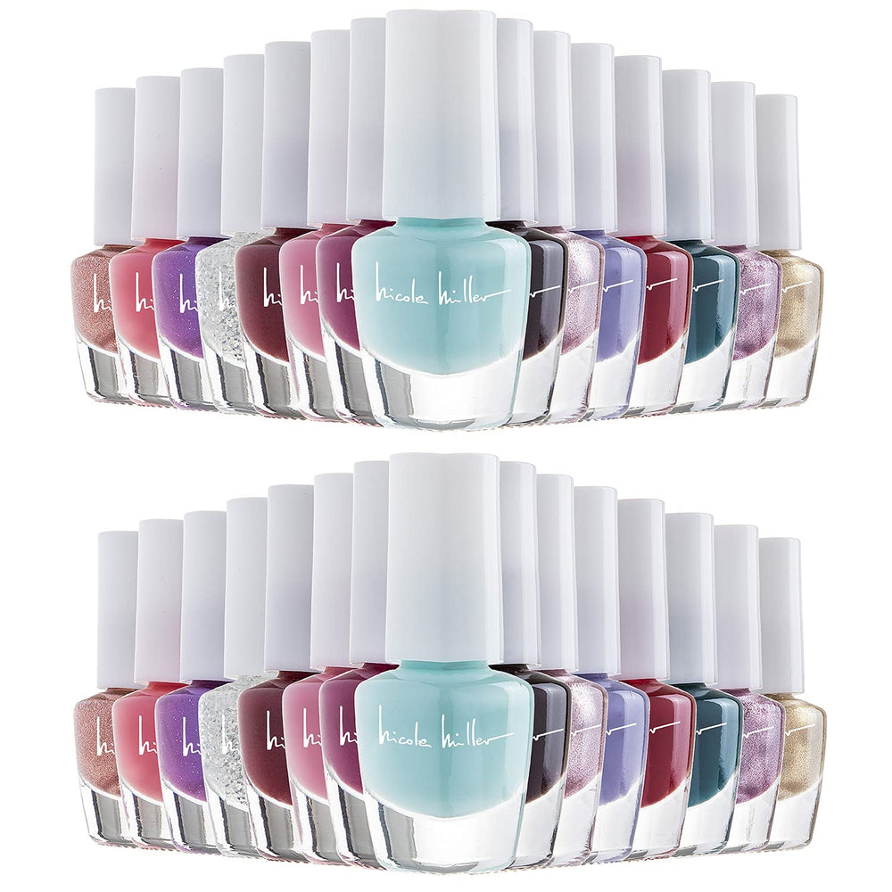 Nicole Miller New York mini nail polish set displays glossy, vibrant colors for fingernails.
