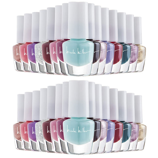 Nicole Miller New York mini nail polish set displays glossy, vibrant colors for fingernails.