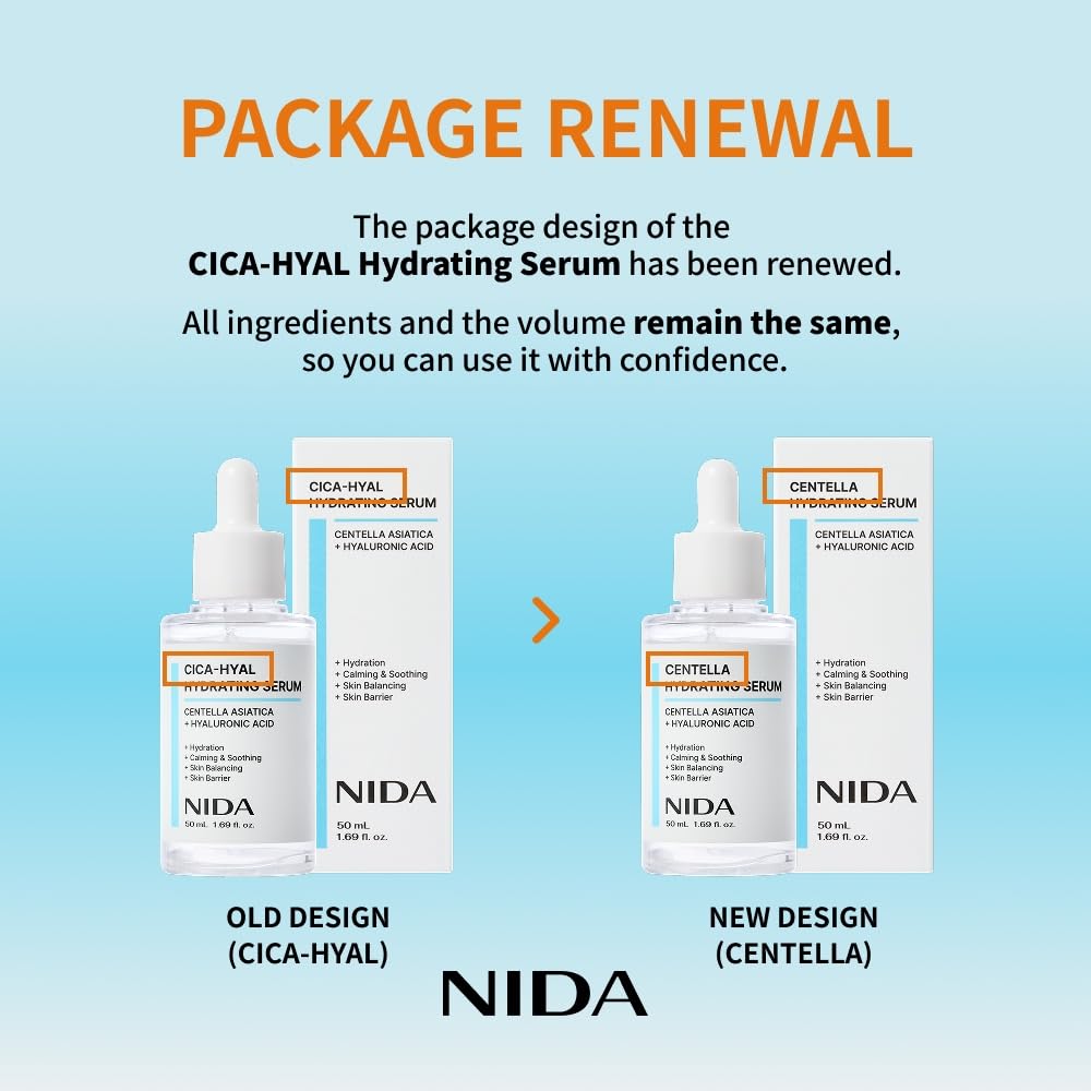 NIDA Centella Hydrating Serum hyaluronic-droplet closeup emphasizes deep hydration and plump-looking skin.