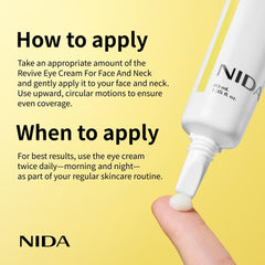 NIDA Revive Eye Cream pump dispenser shown for easy day and night use.