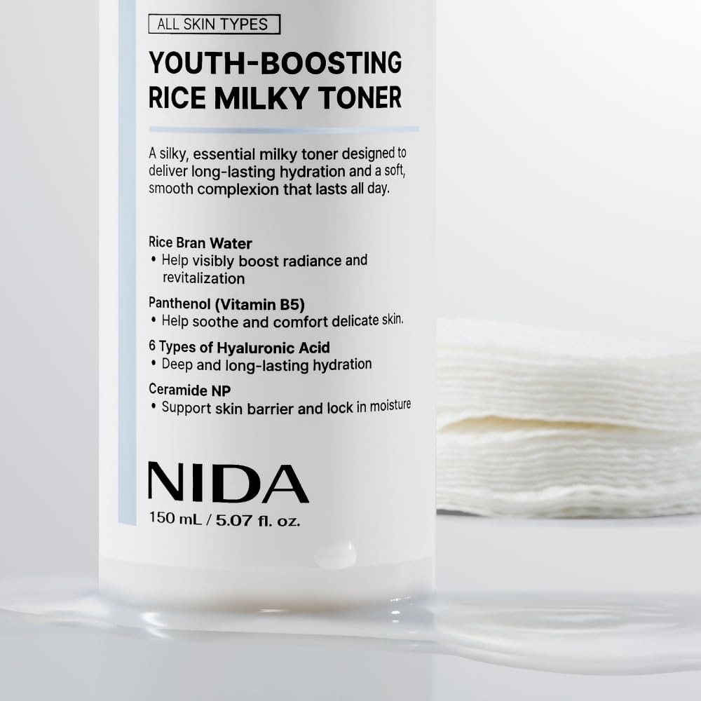 NIDA Rice Milky Toner Korean-made packaging highlights quality
