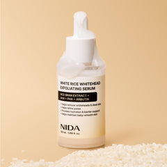 NIDA White Rice hydration glow image conveys plumped skin after gentle exfoliation.