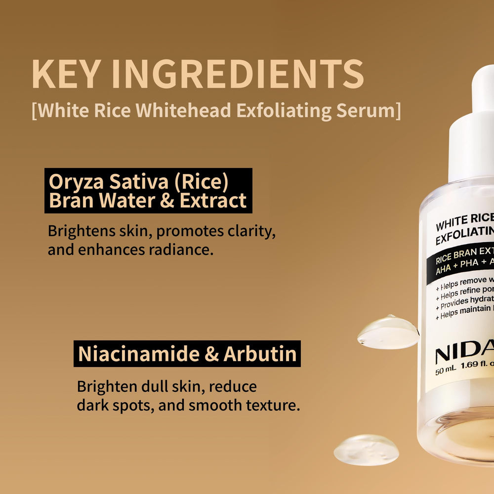 NIDA White Rice packaging display emphasizes Korean-made quality and all-skin-type suitability.