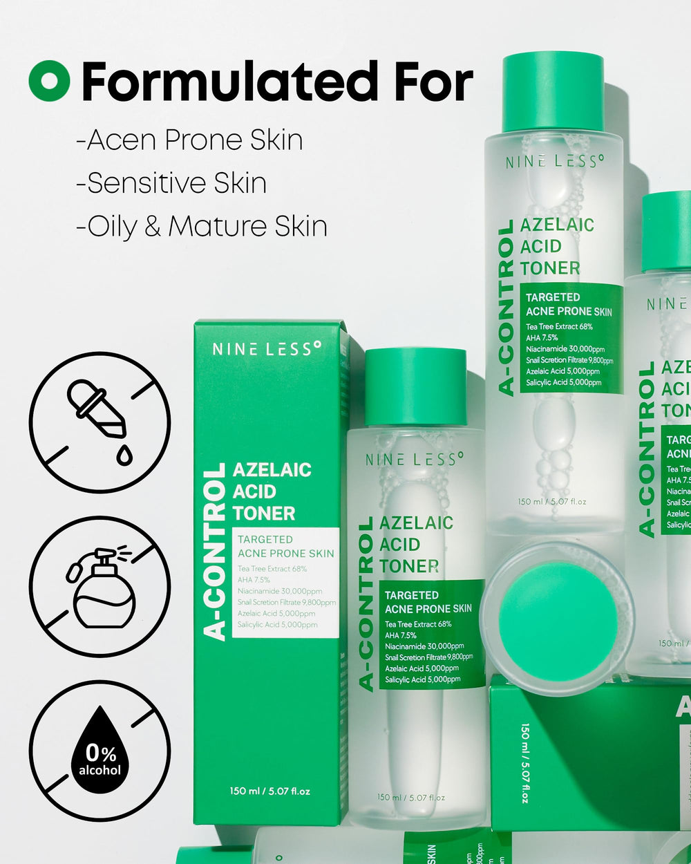 NINELESS A-Control Azelaic Toner bottle close-up emphasizes premium formulation.