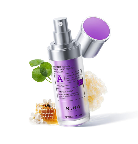 NING DERMOLOGIE retinol serum bottle on a clean surface for nightly use.