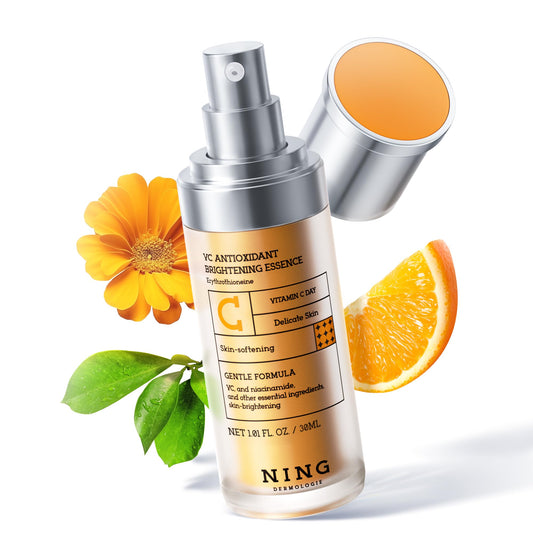 NING DERMOLOGIE Vitamin C Serum bottle close-up highlighting brightening benefits.