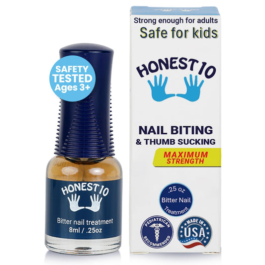 Nipit Honest10 nail biting prevention bottle front showing compact 0.25 oz design for kids and adults