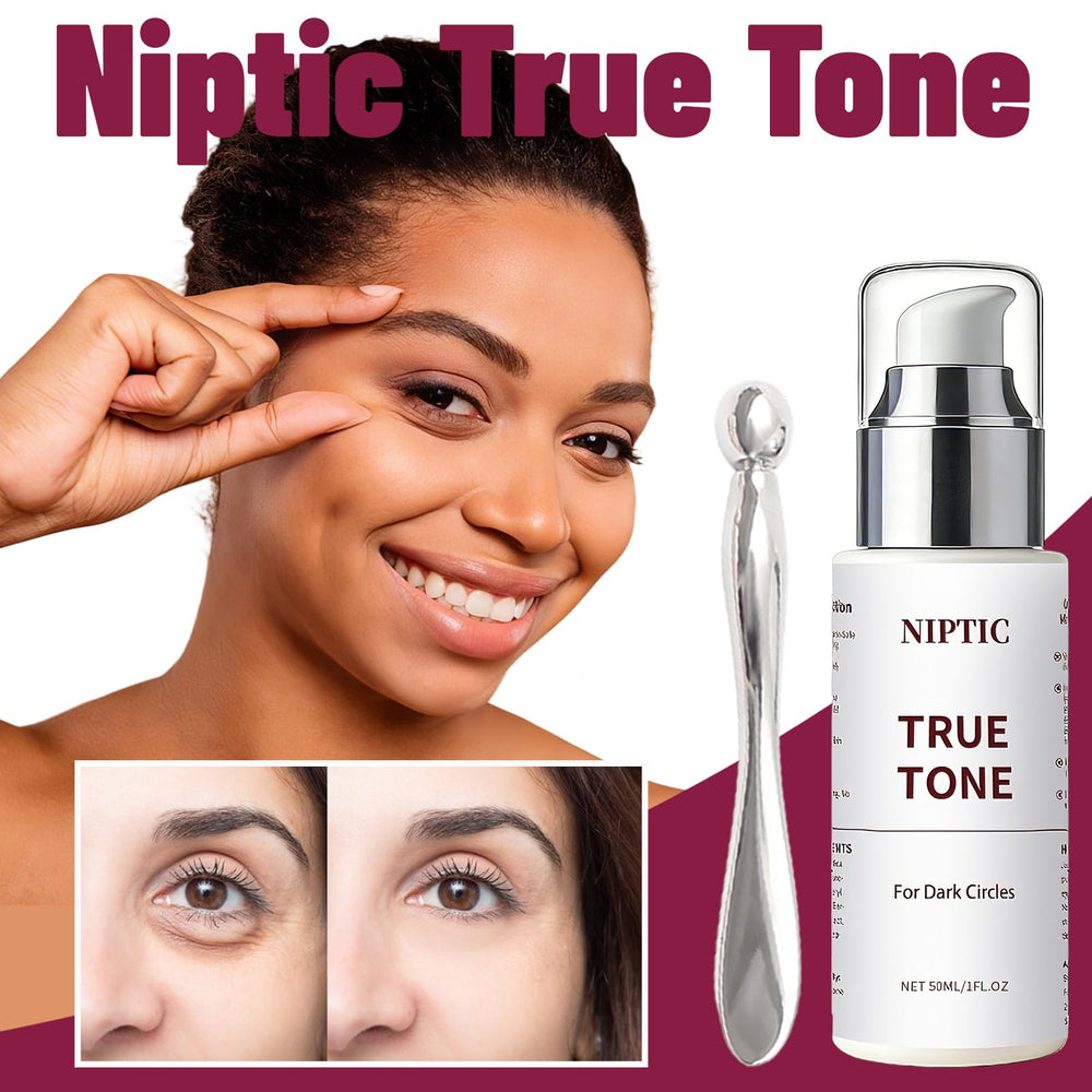 Niptic True Tone Eye Cream packaging front highlights compact daily-use formula.