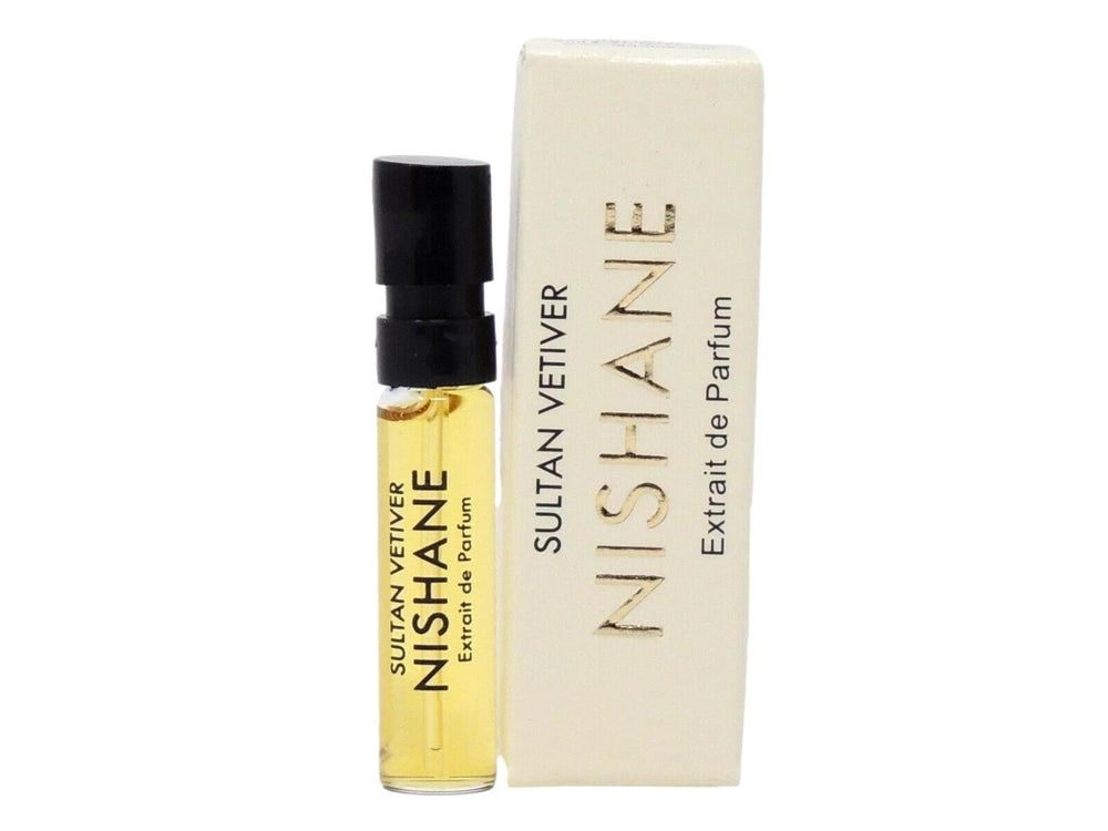 Nishane Sultan Vetiver perfume vial on card, travel-friendly tester for on-the-go fragrance.