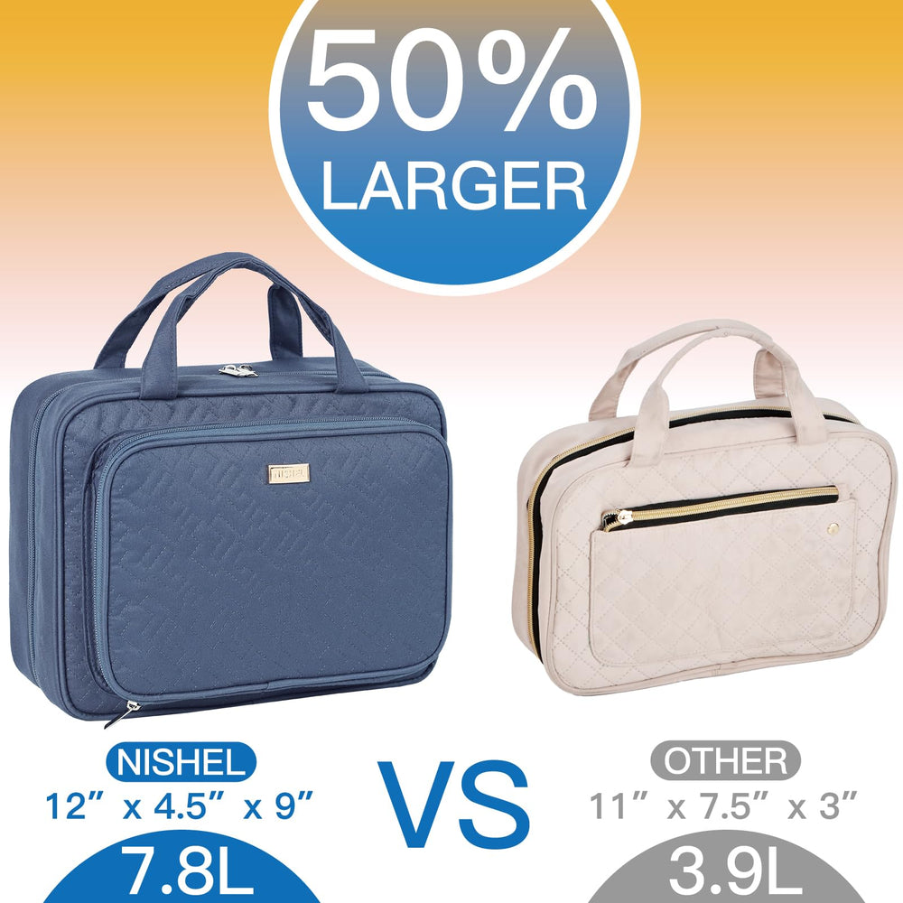 NISHEL hanging toiletry bag open, showing full travel-ready layout and visibility.