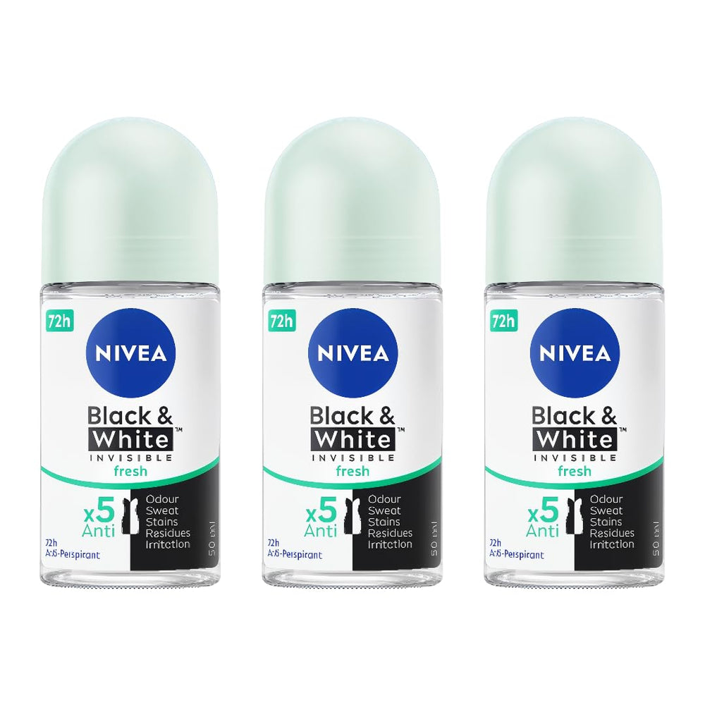 NIVEA Black & White Invisible Fresh roll-on deodorant bottle delivers long-lasting odor and sweat protection.