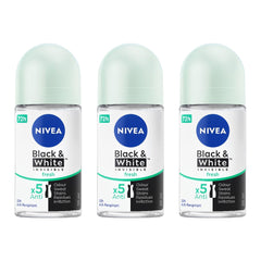 NIVEA Black & White Invisible Fresh roll-on deodorant bottle delivers long-lasting odor and sweat protection.