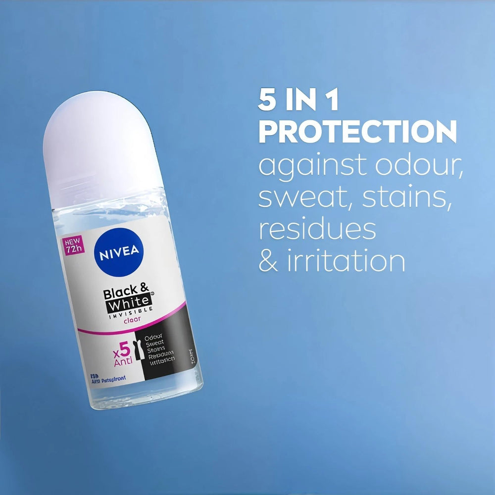 NIVEA Invisible Roll-On 50ml back view highlighting alcohol-free, gentle formula for underarms.
