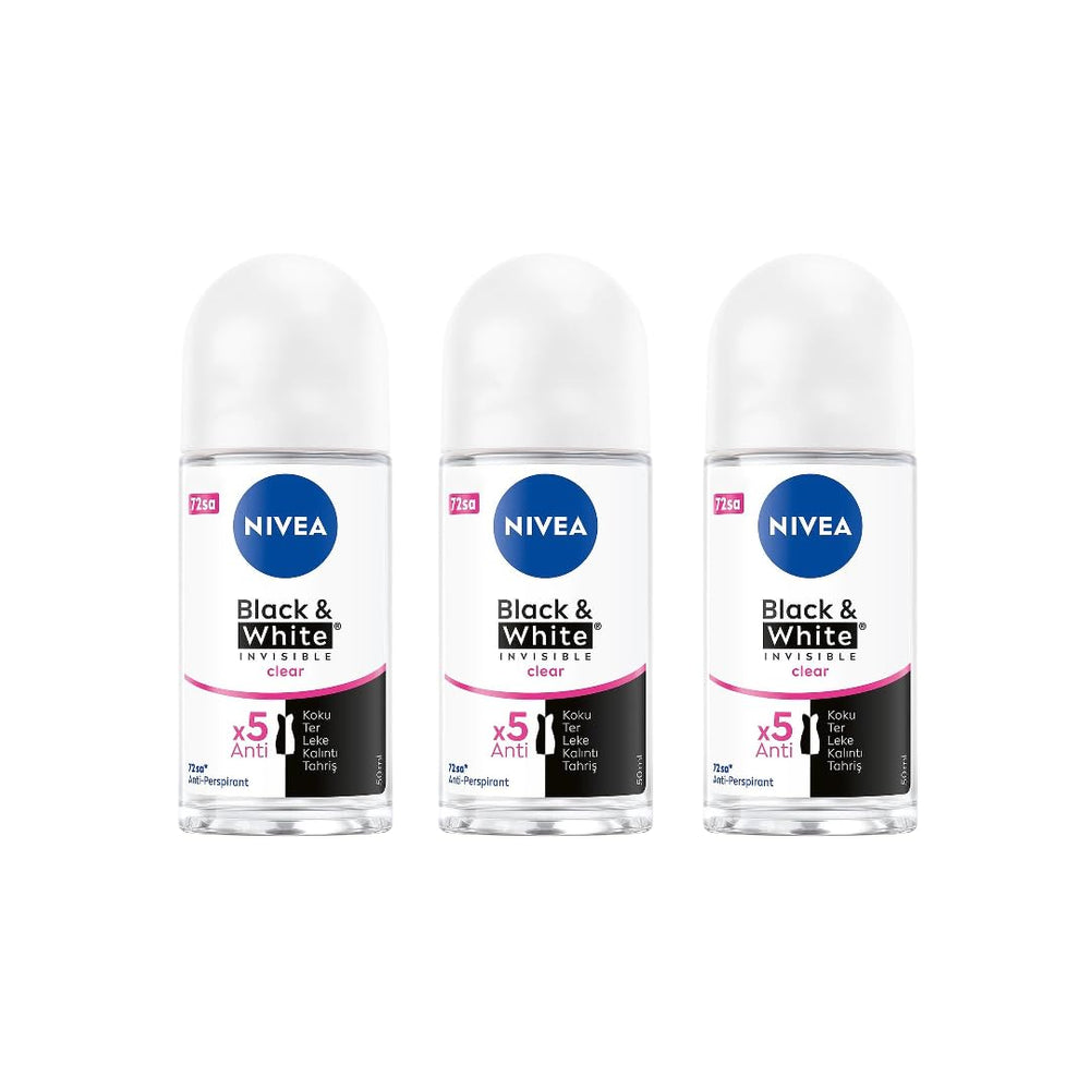 NIVEA Black & White Invisible Roll-On 50ml front view showing 72-hour protection.