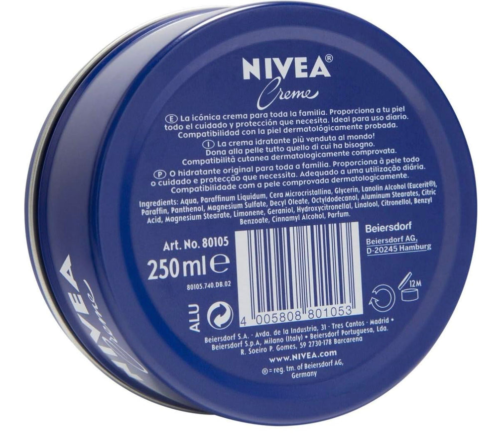 Close-up of the NIVEA metal tin; classic moisturizer for quick hydration.