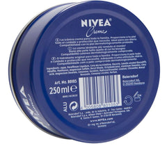 Close-up of the NIVEA metal tin; classic moisturizer for quick hydration.