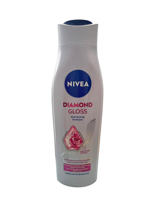 NIVEA Diamond Gloss Shampoo bottle, showcasing radiant shine and smooth hair.