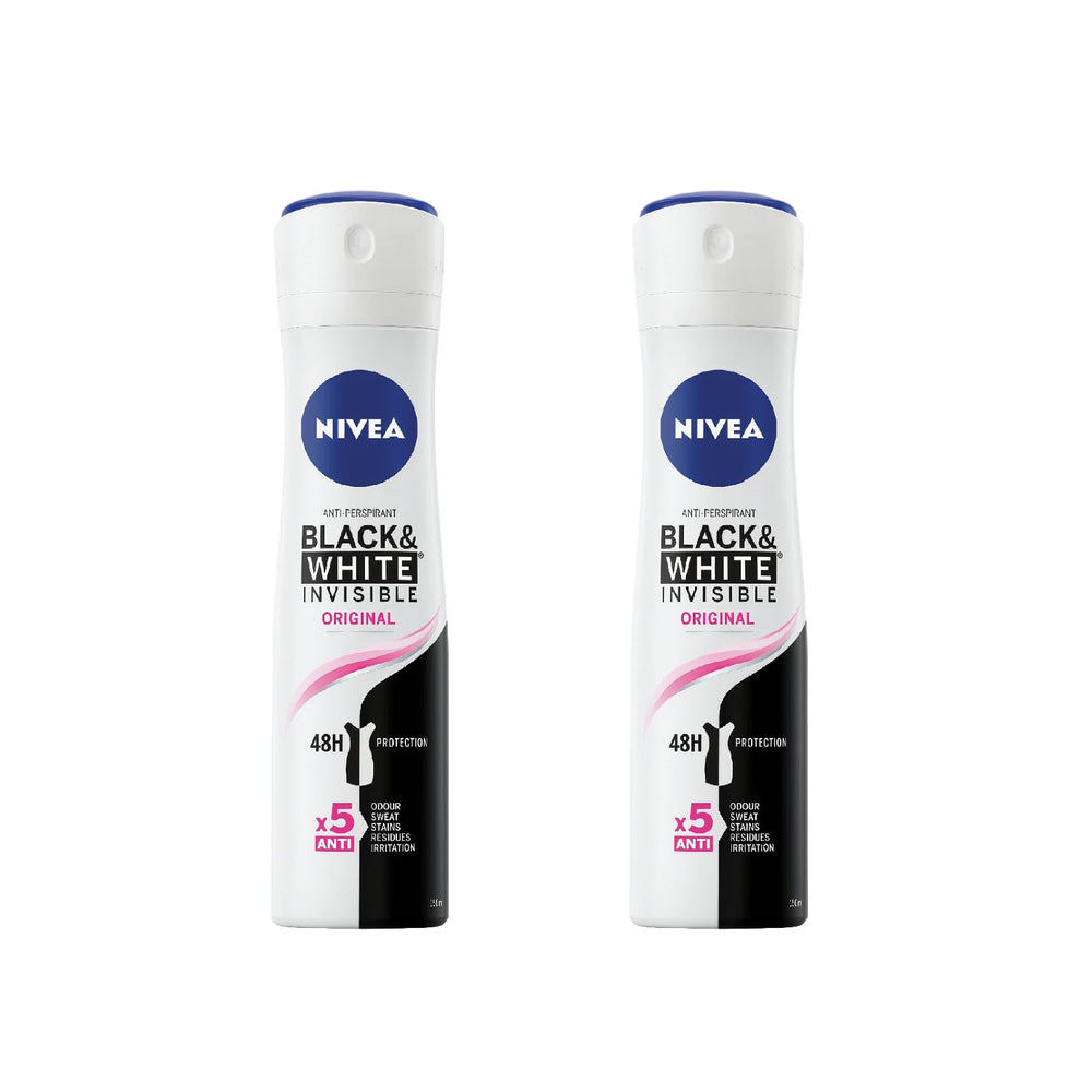 NIVEA Invisible Black White Original two-pack spray in use with quick-dry comfort