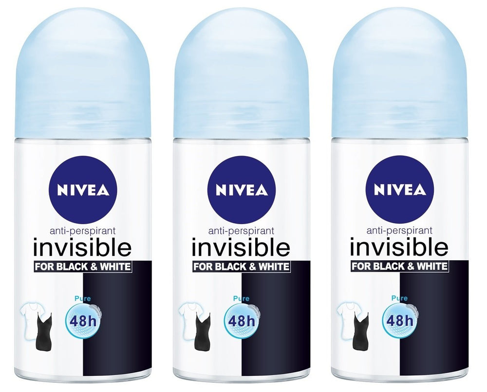 NIVEA Invisible for Black and White Pure roll-on pack, ideal for travel and home