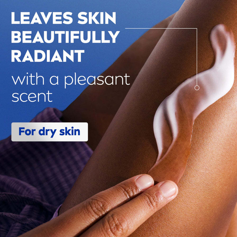 NIVEA Lotion texture close-up illustrates creamy moisture for dry skin.