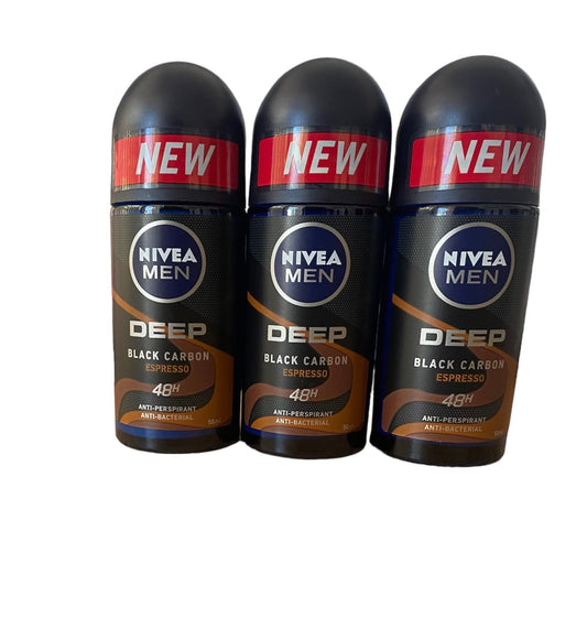 NIVEA Men Deodorant Roll-On Dimension bottle close-up with dark wood espresso notes for lasting freshness.